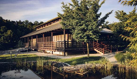 Begrünte Flachdächer kühlen im Sommer Haus von Wald umgeben mit Teich davor