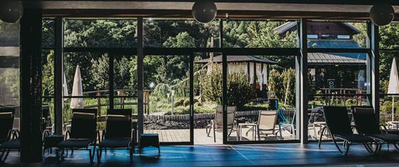 Spend a vacation full of harmony, peace and relaxation Indoor pool with a view of the garden at thermal bath hotel Linsberg Asia