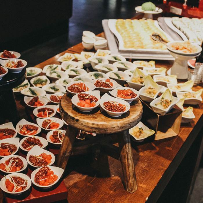 Filled buffet table at the spa resort Linsberg Asia