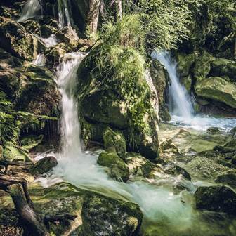 Gehen Sie auf Sightseeingtour zur Wander- und Wasserwelt Myrafälle Kleiner Wasserfall im Wald
